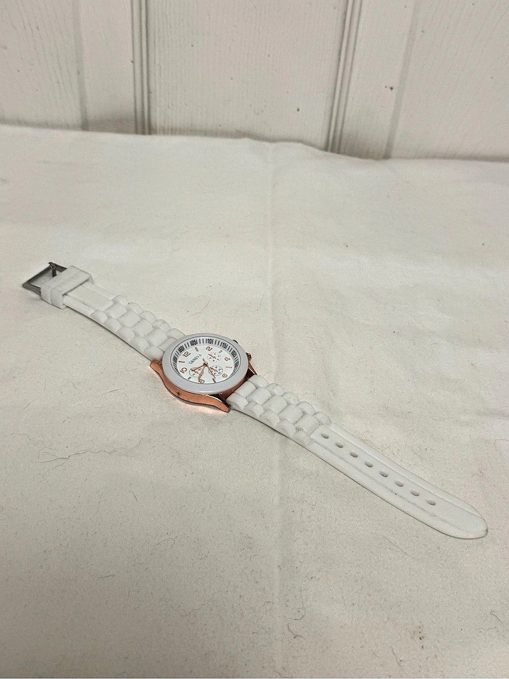 Geneva Silicone White and Rose Gold Chronograph Style Watch & Rose Gold